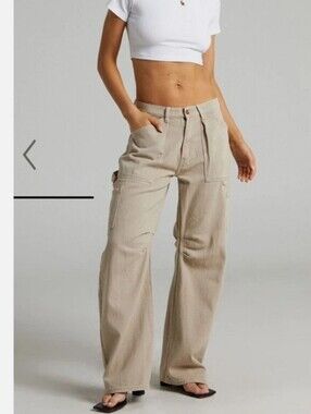 Lioness Beige Cargo 100% Cotton Baggy Pant's Women SzXS Casual Utility